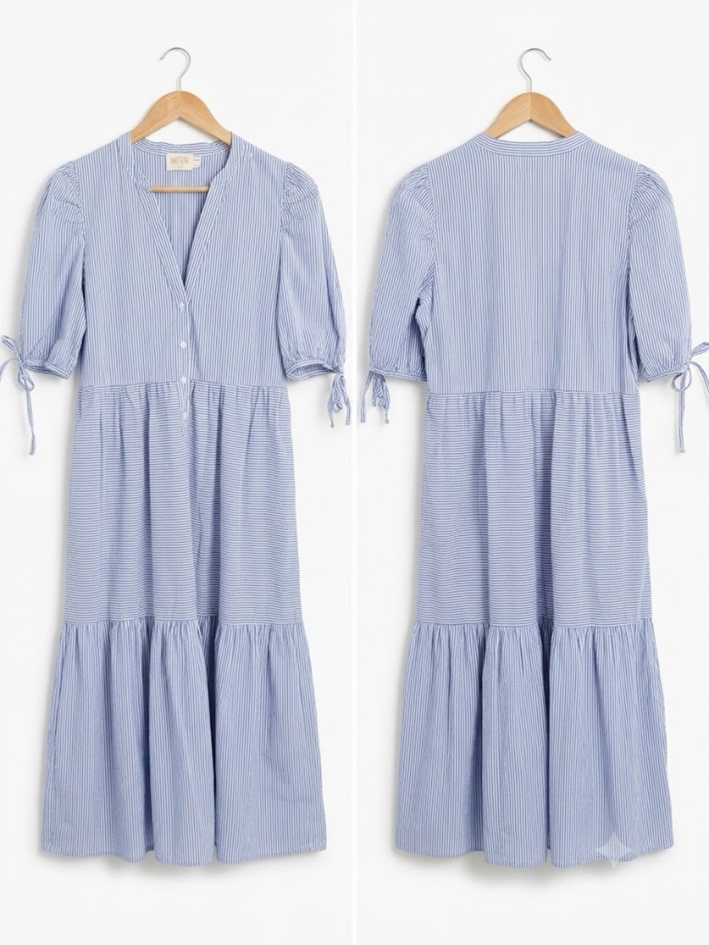 Nation LTD Blue Striped Pima Cotton Tiered Midi Dress V-Neck Puff Sleeve Small